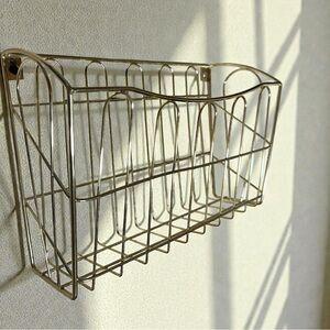 Vintage Mid Century Mountable Gold Metal Storage Rack Magazine Mail Holder